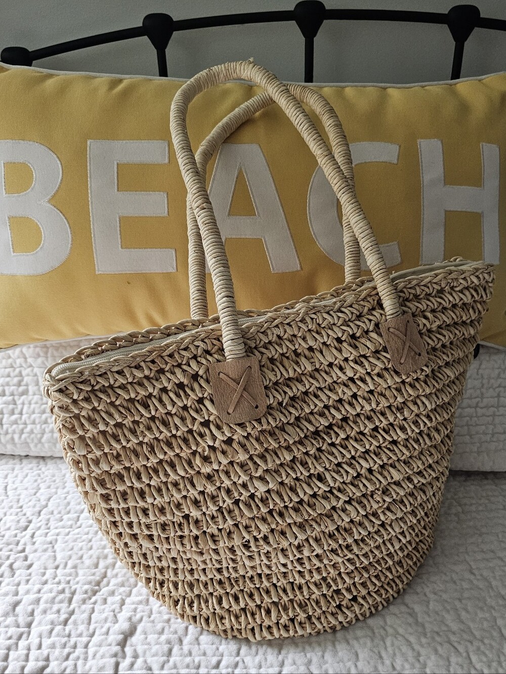 Neutral Woven Straw Tote Bag with Rope Handles - Natural